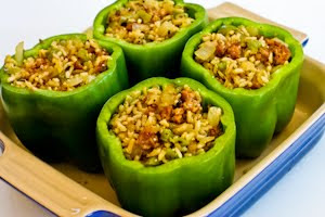 Stuffed Green Peppers with Brown Rice, Italian Sausage, and Parmesan found on KalynsKitchen.com