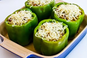 Stuffed Green Peppers with Brown Rice, Italian Sausage, and Parmesan found on KalynsKitchen.com