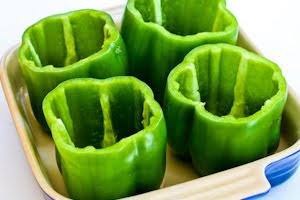 Stuffed Green Peppers with Brown Rice, Italian Sausage, and Parmesan found on KalynsKitchen.com